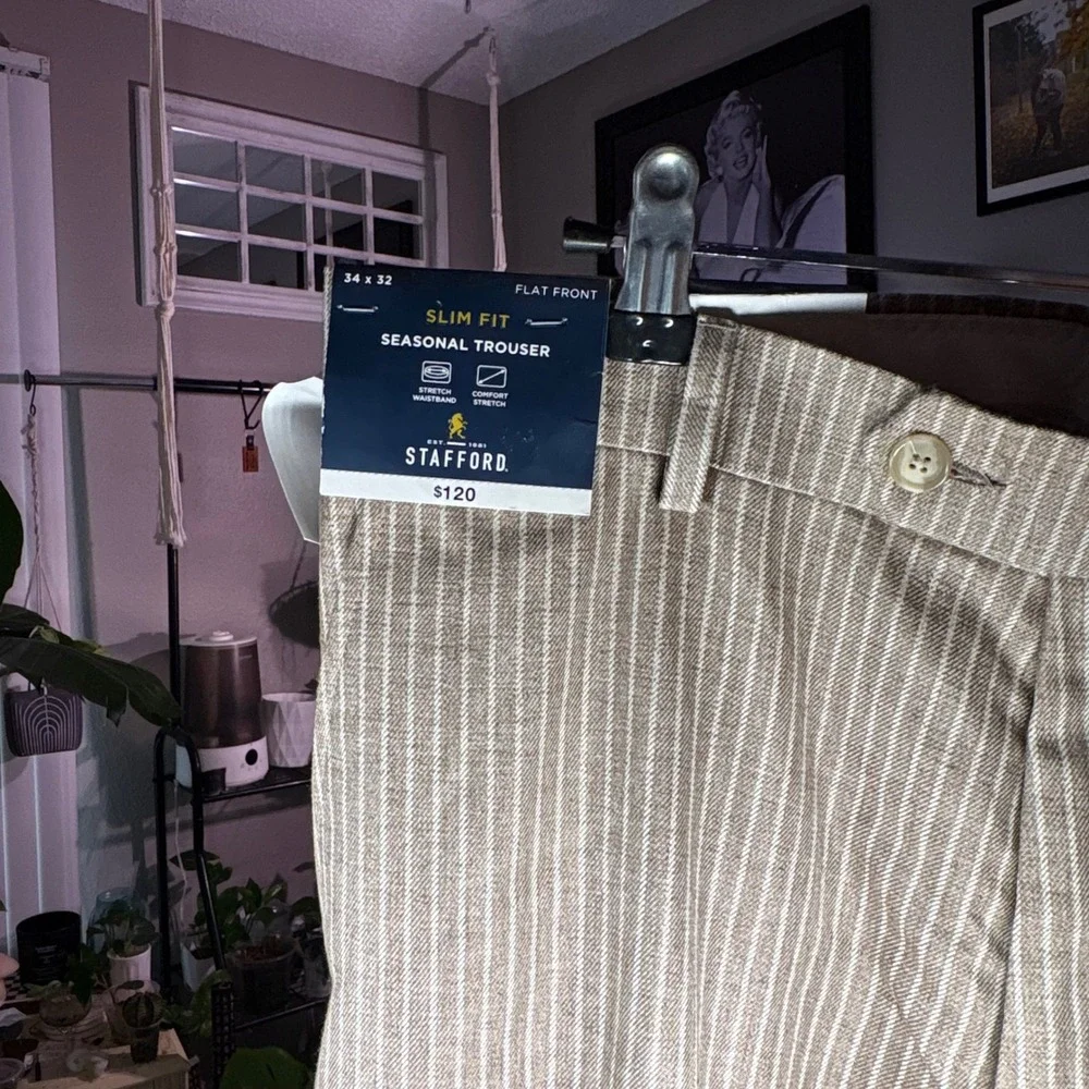 Stafford Seasonal Trouser Mens 34x32‎ Khaki New Striped Slim Fit Linen Blend